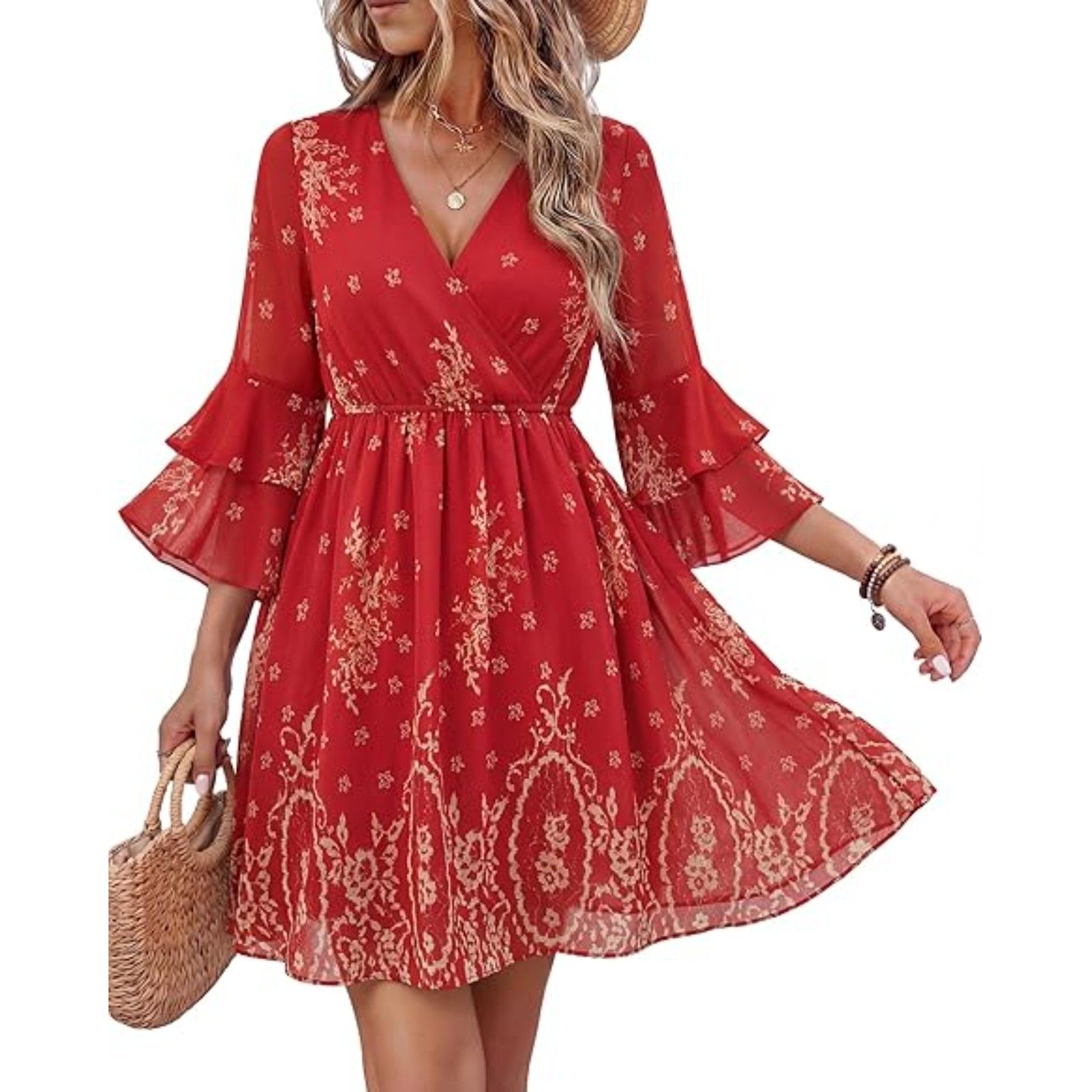 Women's Red Gold V Neck Ruffle Sleeve A Line Chiffon Layers Dresses
